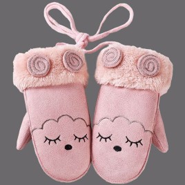 100A Cartoon Deer Thickening Embroidery Winter Plus Velvet Children's Warm Bag Fingers Suede Gloves with Finger Rope 