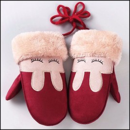 100D Cartoon Smiling Rabbit Pattern Thickening Embroidery Winter Plus Velvet Children's Warm Bag Fingers Suede Gloves with Finger Rope