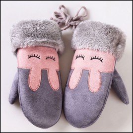 100D Cartoon Smiling Rabbit Pattern Thickening Embroidery Winter Plus Velvet Children's Warm Bag Fingers Suede Gloves with Finger Rope