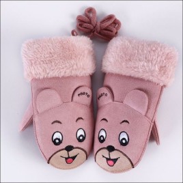 100G Cartoon Lovely Bear Pattern Thickening Embroidery Winter Plus Velvet Children's Warm Bag Fingers Suede Gloves with Finger Rope