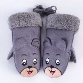 100G Cartoon Lovely Bear Pattern Thickening Embroidery Winter Plus Velvet Children's Warm Bag Fingers Suede Gloves with Finger Rope