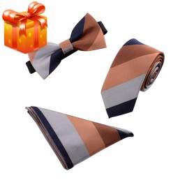 3 in 1 Necktie + Pocket Square + Tie Clip England Style Casual Leisure Business Tide for Men - Grey Brown
