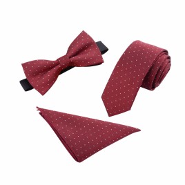 3 in 1 Necktie + Pocket Square + Tie Clip England Style Casual Leisure Business Tide for Men - Wine Red