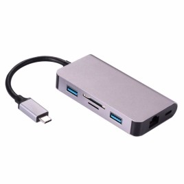 6 in 1 Type-C to 2 x USB 3. 0 + RJ45 + SD Card Port + TF Card Port + PD Port Charging Type-C Hub Adapter Cable for Macbook / Xiaomi Notebook