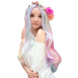 75CM Sweet Lovely Harajuku Gradient Multicolor Carved Wigs Heat Resistant False Hair Anime Cosplay Costume Party