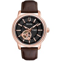 Bulova Men's Automatic Rose Gold-Tone Stainless Steel Brown Leather Strap Watch with Black Dial