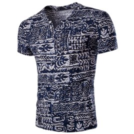 Casual V Neck Abstract Printing Short Sleeves T-Shirt For Men