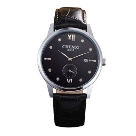 CHENXI 066A Man Woman Life Waterproof Rhinestone Quartz Business Watch Brand Luxury Watches Calendar Leather Strap Wristwatch -Sliver and Black-Men