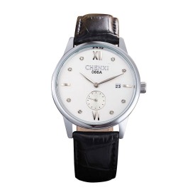 CHENXI 066A Man Woman Life Waterproof Rhinestone Quartz Business Watch Brand Luxury Watches Calendar Leather Strap Wristwatch -Sliver and White-Men