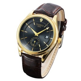CHENXI 069A Crystal Dual Time In Vera Luxury Leather Dress Quartz Wrist Watch Round Watches Bracelet for Men Sex Male Calendar - Gold and Black-Men