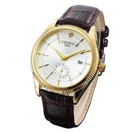 CHENXI 069A Crystal Dual Time In Vera Luxury Leather Dress Quartz Wrist Watch Round Watches Bracelet for Men Sex Male Calendar - Gold and White-Men