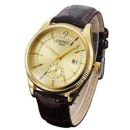 CHENXI 069A Crystal Dual Time In Vera Luxury Leather Dress Quartz Wrist Watch Round Watches Bracelet for Men Sex Male Calendar - Gold  -Men