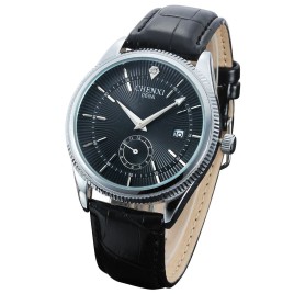 CHENXI 069A Crystal Dual Time In Vera Luxury Leather Dress Quartz Wrist Watch Round Watches Bracelet for Men Sex Male Calendar - Sliver and Black-Men