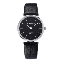 CHENXI 072A Ultra Slim Genuine Leather Dress Quartz Wrist Watch For Men Women Wristwatch for Lovers Couple - Sliver and Black-Men