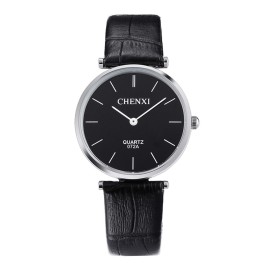 CHENXI 072A Ultra Slim Genuine Leather Dress Quartz Wrist Watch For Men Women Wristwatch for Lovers Couple - Sliver and Black-Men