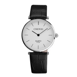 CHENXI 072A Ultra Slim Genuine Leather Dress Quartz Wrist Watch For Men Women Wristwatch for Lovers Couple - Sliver and White-Men