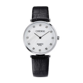 CHENXI 072C Super Slim Lovers Quartz Watches Fashion Simple Rhinestone Leather Strap Black Men Women Couple Dress Casual Wrist Watch-Men