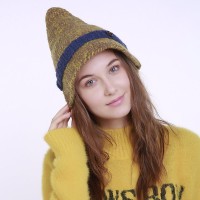 Creative Winter Autumn Warm Women Hand-Knitted Button Mixed Color Witch Pointed Hat