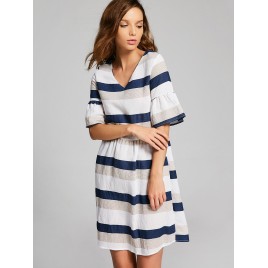 Cut Out Flare Sleeve Striped Dress