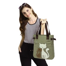 Cute Cat Print Beaded Zippered Canvas Handbag for Ladies