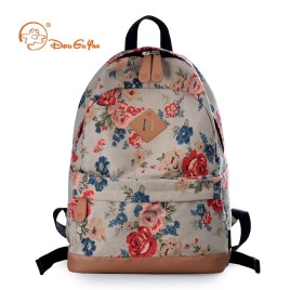 Douguyan Canvas Floral Print Backpack Preppy Leisure Travel Bag