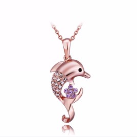 Dressup Jewellry Pendant Rose Gold Dolphin Necklace 925 Sterling Silver Eternal Love Heart Double Dolphin Pendant