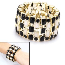 Elegant Black and White Bling Gemstone Wrist Bangle Wide Bracelet Jewelry with Elastic