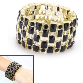 Elegant Black Bling Gemstone Wrist Bangle Wide Bracelet Jewelry with Elastic