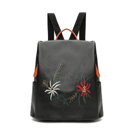 Embroidered Faux Leather Backpack