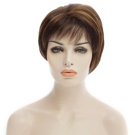 Fashion Fluffy Side Bang Brown Mixed Black Charming Short Straight Synthetic Capless Wig For Women