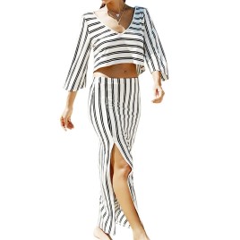 Fashion V-Neck Striped T-Shirt and High Slit Skirt Twinset For Women