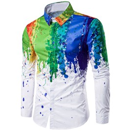 Fashionable 3D Inked Print Colorful Turndown Collar Long Sleeve Shirt for Men