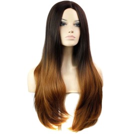 Female Center-parted Slightly Curled Long Full Hair Wigs Heat Resistant Synthetic Fiber Two-tone Black + Brown
