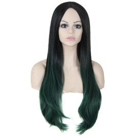 Female Center-parted Slightly Curled Long Full Hair Wigs Heat Resistant Synthetic Fiber Two-tone Black + Cyan
