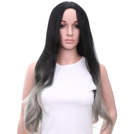 Female Center-parted Slightly Curled Long Full Hair Wigs Heat Resistant Synthetic Fiber Two-tone Black + Grey