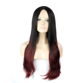 Female Center-parted Slightly Curled Long Full Hair Wigs Heat Resistant Synthetic Fiber Two-tone Black + Wine Red
