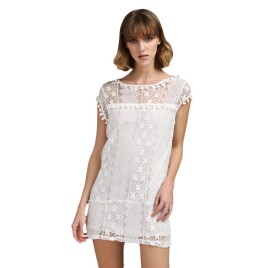 Fresh Style Round Collar Sleeveless Pure Color Lace Dress for Women