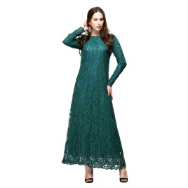 Full Lace Muslim National Costume Robe Clothes Costume Dress Long Sleeve Skirt Suit-dress Elegant Skirts M Size - Green