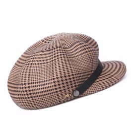 FW058023 Classic Lattice Pattern Winter Autumn Wool Octagonal Cap with Leather Decorative Band for Female 
