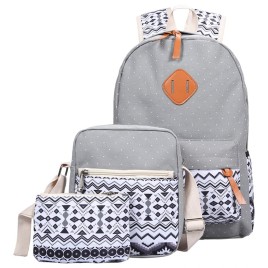 Guapabien 3pcs Casual Print Zipper Type Student Backpack Travel Bag