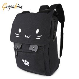 Guapabien Cat Face Flap Cover Canvas Backpack for Girls
