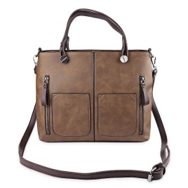 Guapabien Fashion Vintage Dual Pocket Handbag Large Package Scrub Leather Shoulder Bag for Ladies