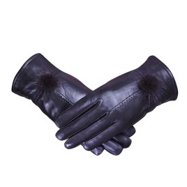 Lady Winter Warm Genuine Sheep Leather Sheep Skin Thicken Section Business Gloves Cashmere with Cute Hairball - Black
