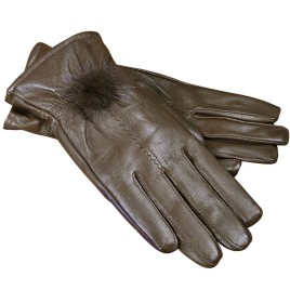 Lady Winter Warm Genuine Sheep Leather Sheep Skin Thicken Section Business Gloves Cashmere with Cute Hairball - Brown