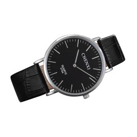 Luxury 076A  Men Wristwatch Fashion Brand  Man Watch Bracelet Life Waterproof Casual Genuine Leather Quartz Watches - Sliver and Black-Men