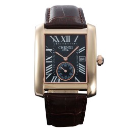 Luxury CHENXI 063A Rome Rectangle Dial Dual Time Quartz Genuine Leather Of the Dress Watches Wrist Watch for The Sex Male Men - Gold and Black-Men