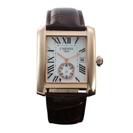 Luxury CHENXI 063A Rome Rectangle Dial Dual Time Quartz Genuine Leather Of the Dress Watches Wrist Watch for The Sex Male Men - Gold and White-Men
