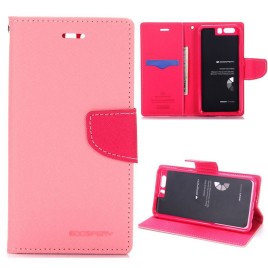 Mercury Dual Color Card Holder Slots Wallet Style with Magnetic Buckle PU Leather + Soft TPU Phone Case for Huawei P10 Plus - Pink + Rose Red