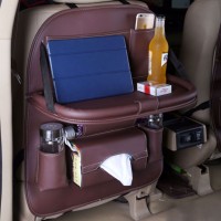 Multi-Function Double Layer Thick Leather Car Back Seat Folding Table Organizer Storage Bag Phone Pad Chair Travel Stowing Tidying Automobile Accessories