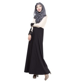 Muslim Hit Color Lace Clothes Costume Dress Long Sleeve Skirt Suit-dress Elegant Skirts XXL Size - Black 